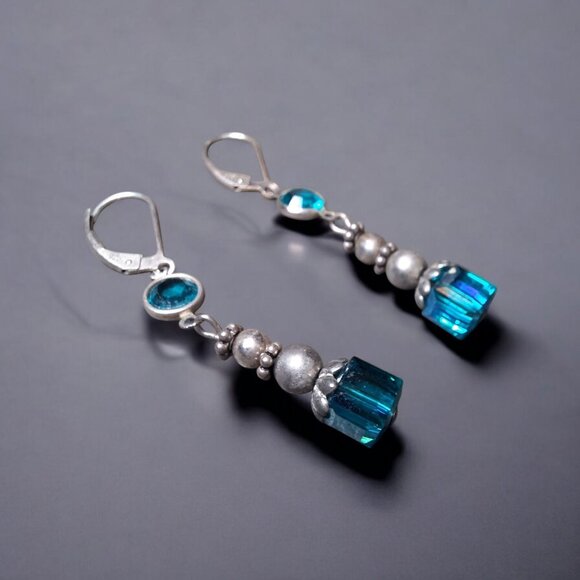 Sterling Silver Drop Earrings Blue Crystal Beads Leverback Closure Dangle Winter - Picture 1 of 5
